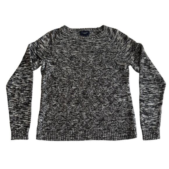 Lands End BLK GRY Marled Drifter Sweater Soft Cotton BasketWeave Knit Crewneck L - Picture 1 of 5